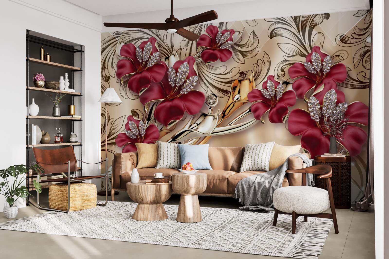 Fototapeten Rote Blumen mit Gold- und Silberelementen