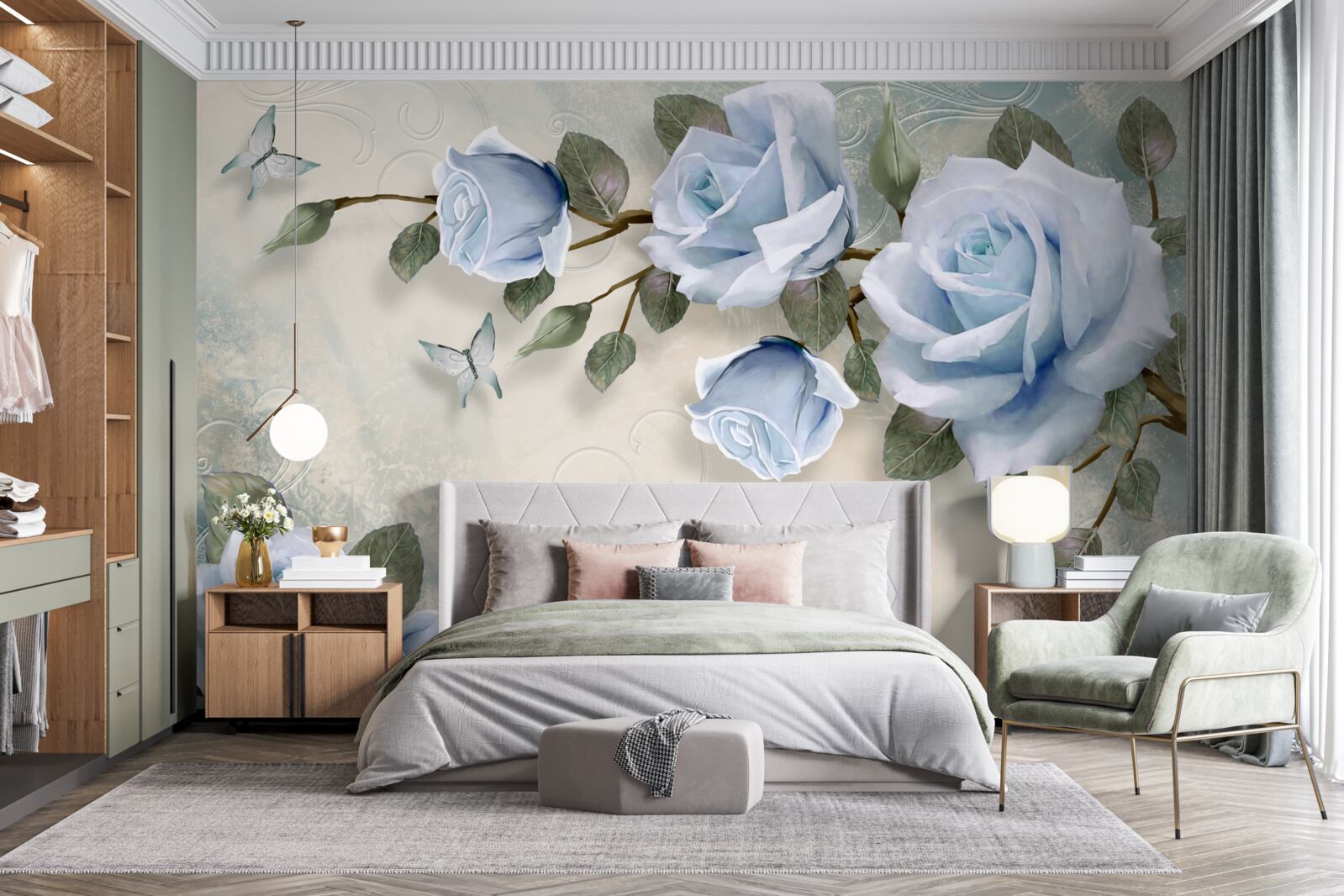 Fototapeten Dankbare Knospen einer hellen Rose am Stiel