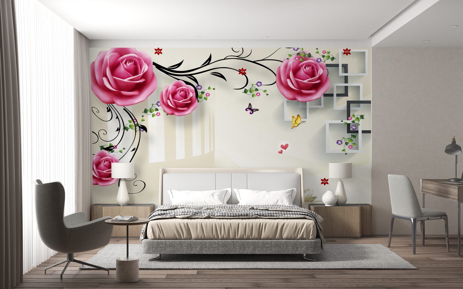Fototapeten Silberzweige mit rosa Rosen