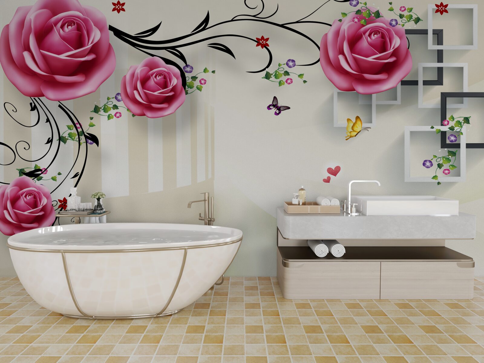 Fototapeten Silberzweige mit rosa Rosen