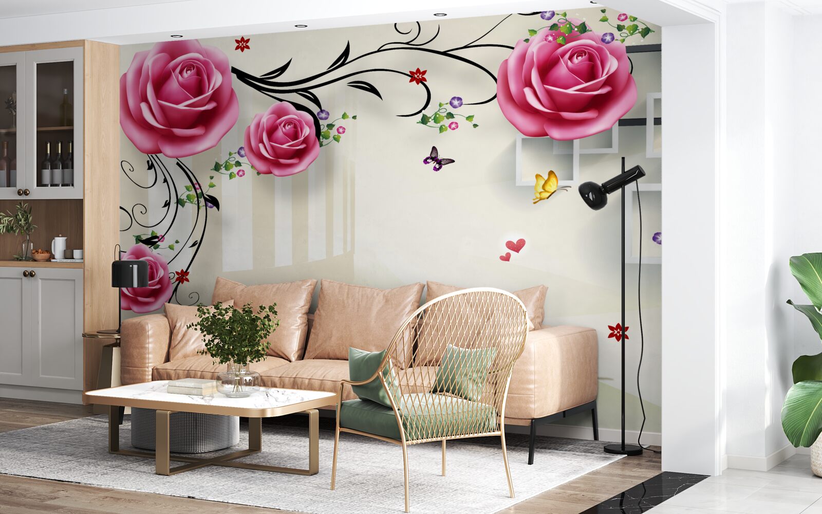 Fototapeten Silberzweige mit rosa Rosen