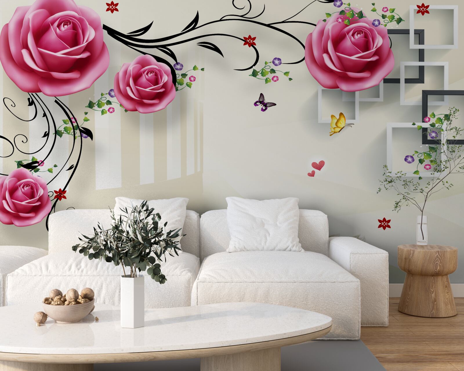 Fototapeten Silberzweige mit rosa Rosen