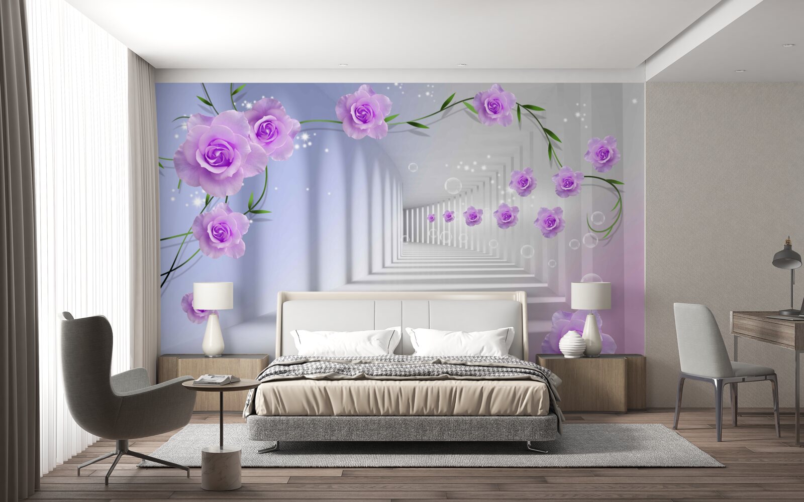 Fototapeten Der Korridor ist lang und die Rosen sind lila