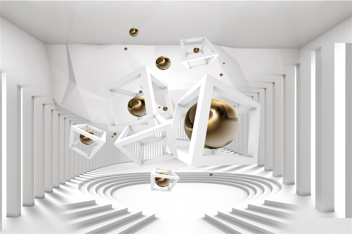 Fototapeten Goldene Kugeln und weiße Würfel