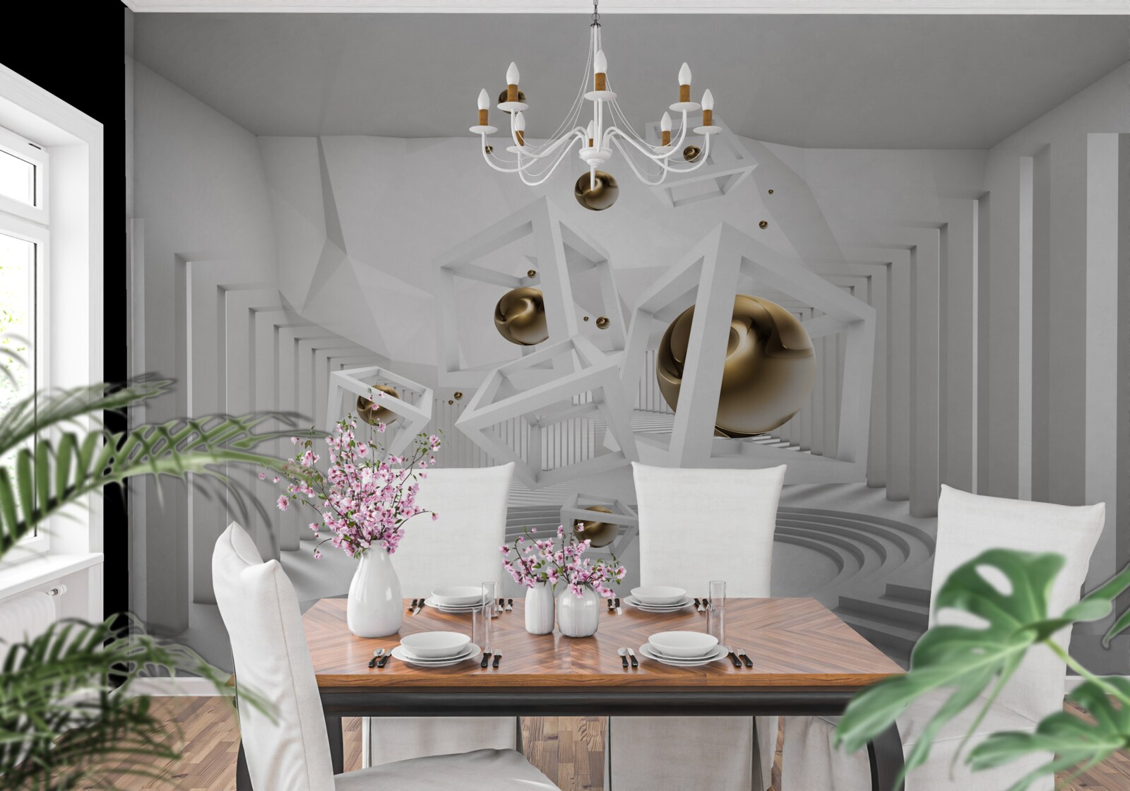 Fototapeten Goldene Kugeln und weiße Würfel