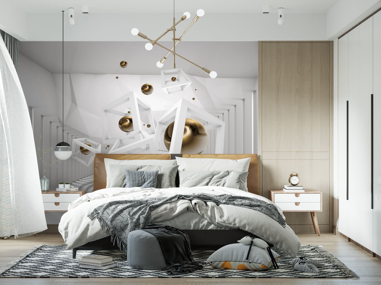 Fototapeten Goldene Kugeln und weiße Würfel