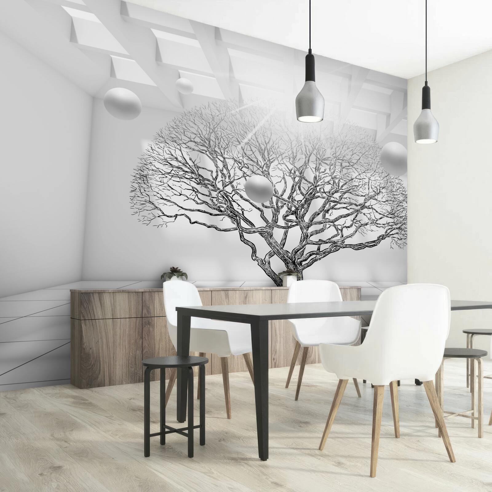 Fototapeten Ein blattloser Baum in der Mitte des hellen Raums