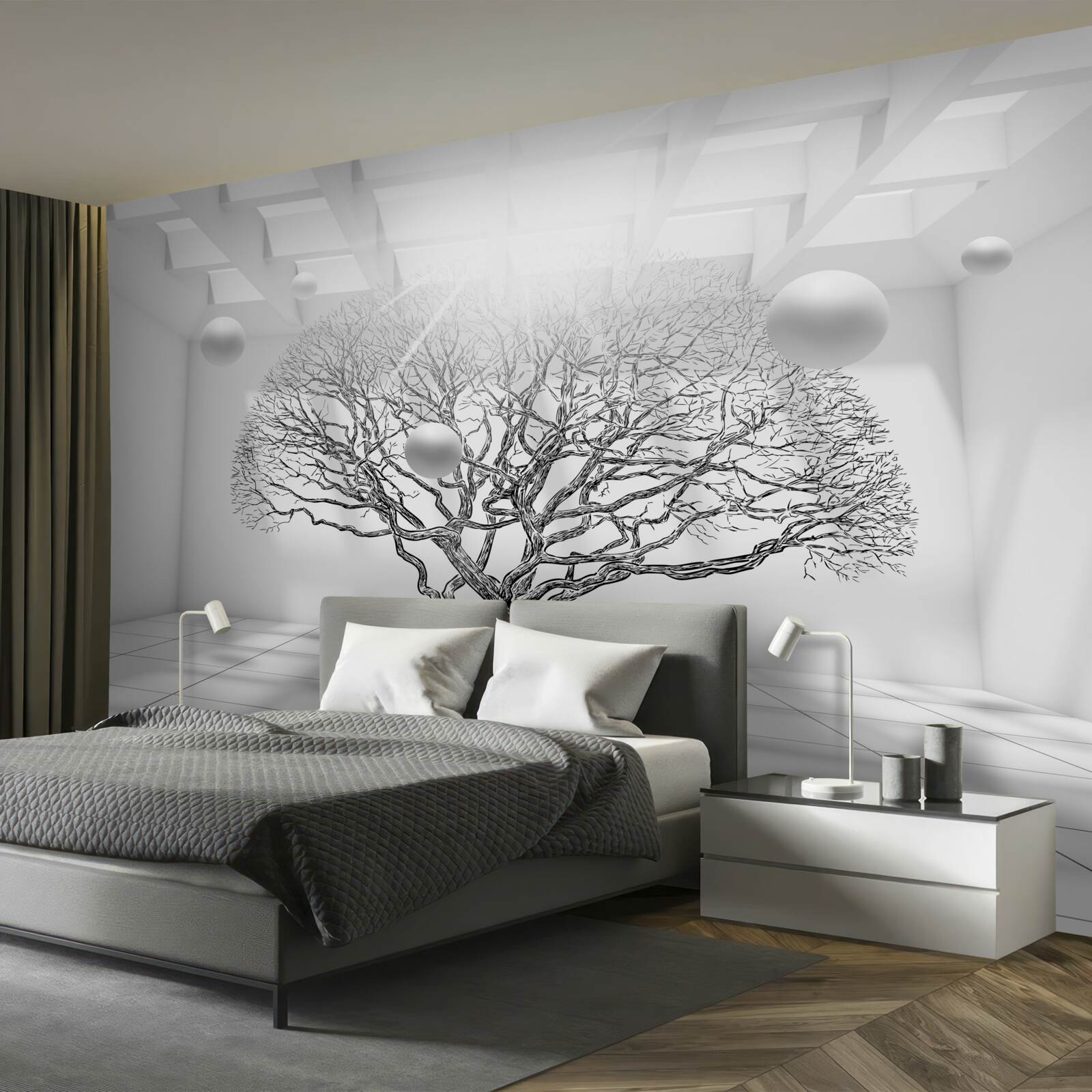 Fototapeten Ein blattloser Baum in der Mitte des hellen Raums