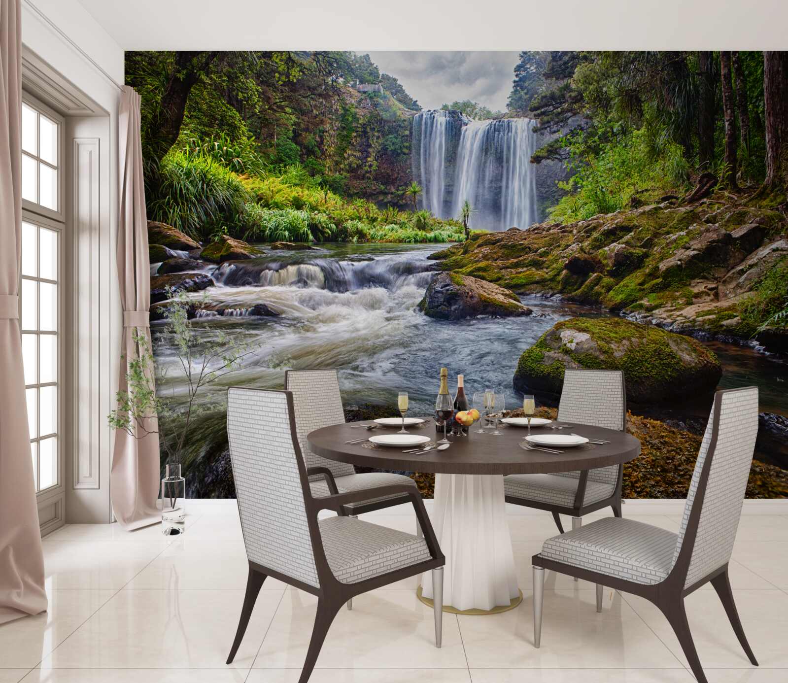 Fototapeten Ein charmanter Wasserfall in der Mitte des Waldes