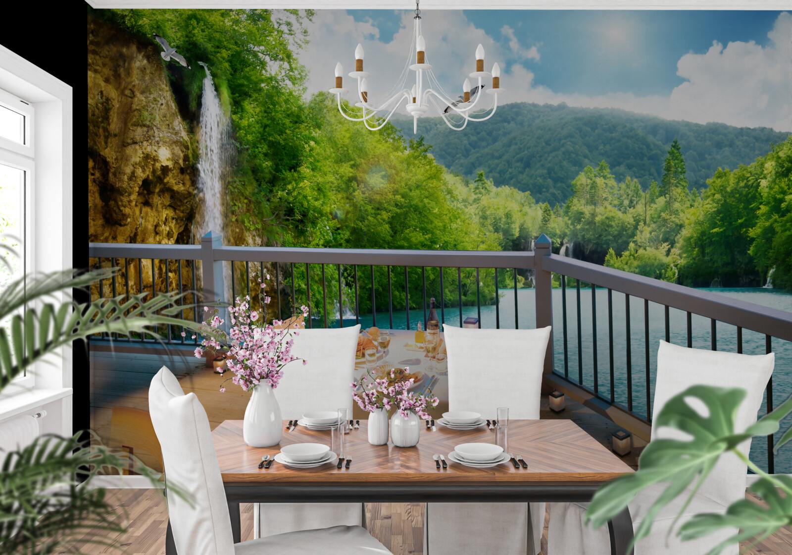 Fototapeten Frühstück in einer romantischen Landschaft mit Blick auf den Wasserfall