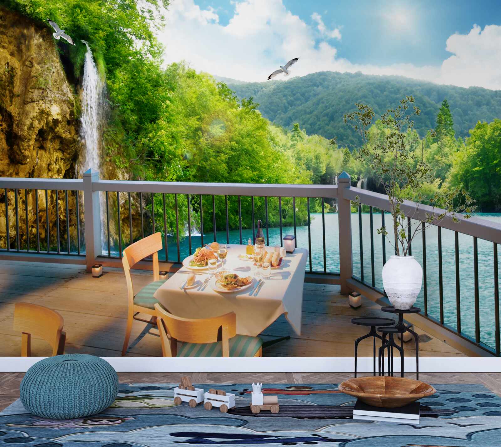 Fototapeten Frühstück in einer romantischen Landschaft mit Blick auf den Wasserfall