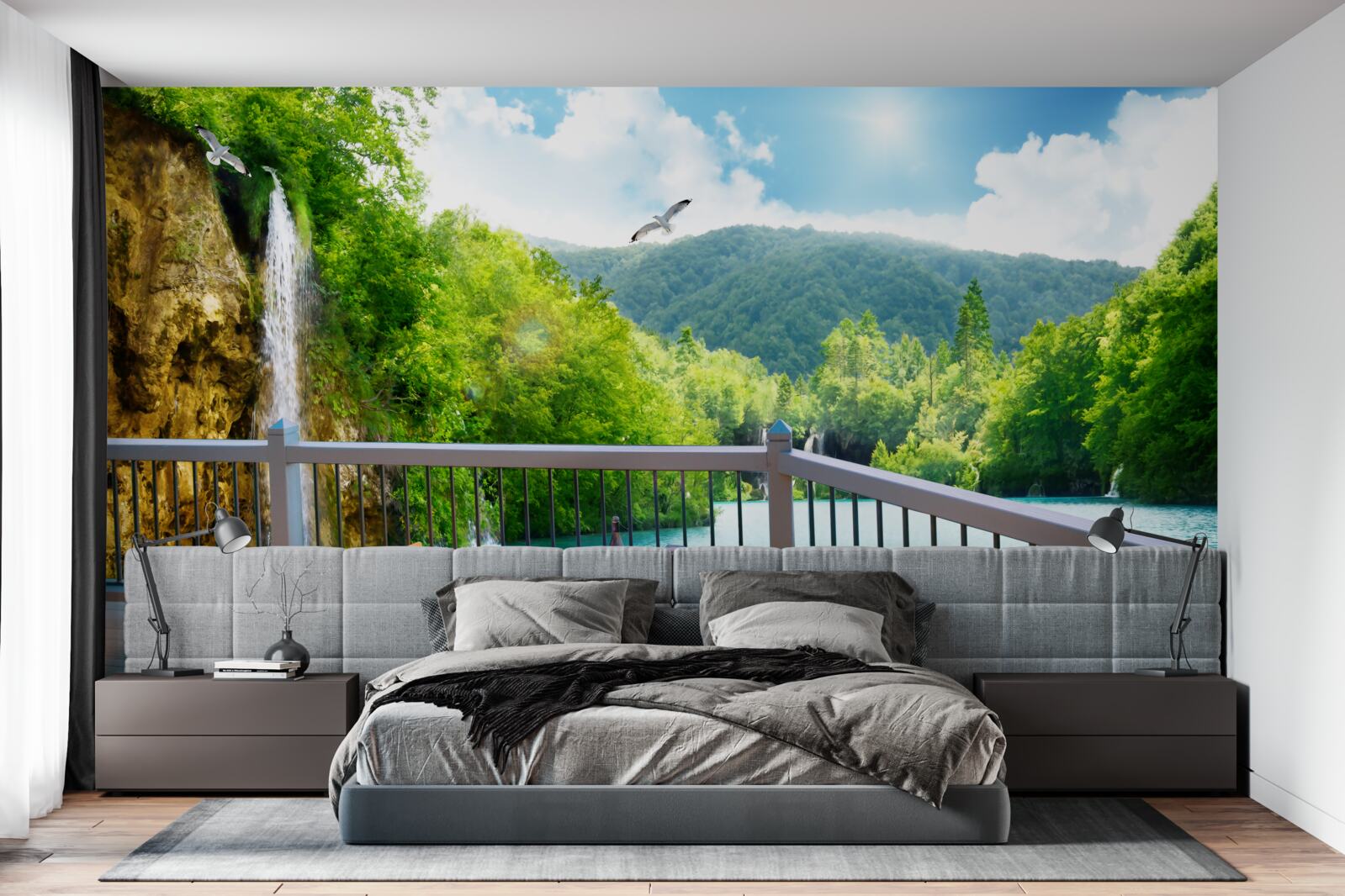Fototapeten Frühstück in einer romantischen Landschaft mit Blick auf den Wasserfall