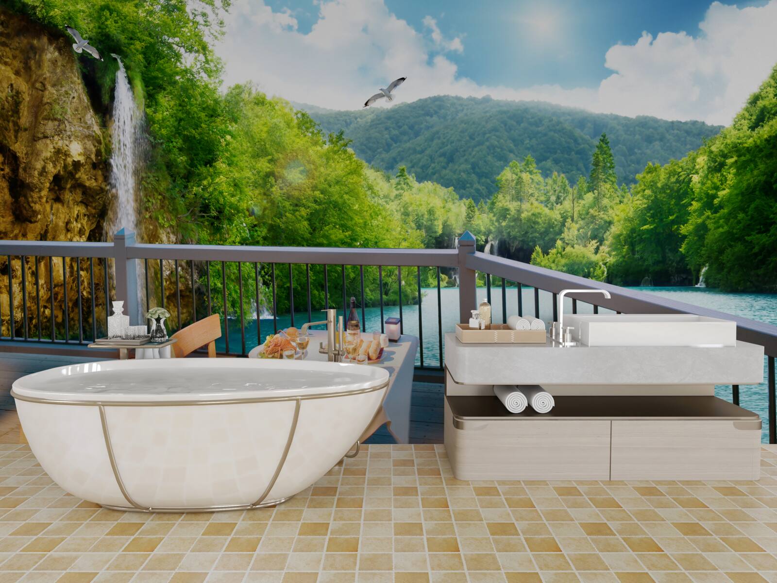 Fototapeten Frühstück in einer romantischen Landschaft mit Blick auf den Wasserfall