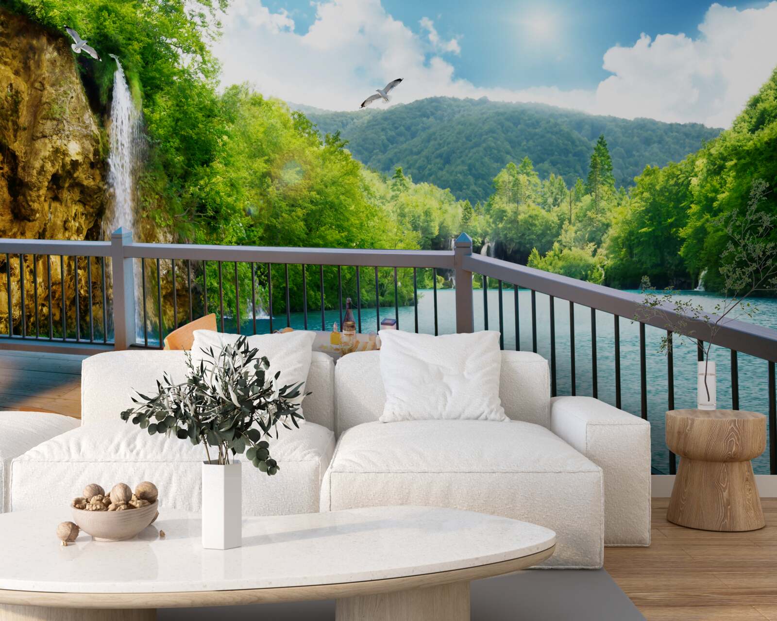 Fototapeten Frühstück in einer romantischen Landschaft mit Blick auf den Wasserfall