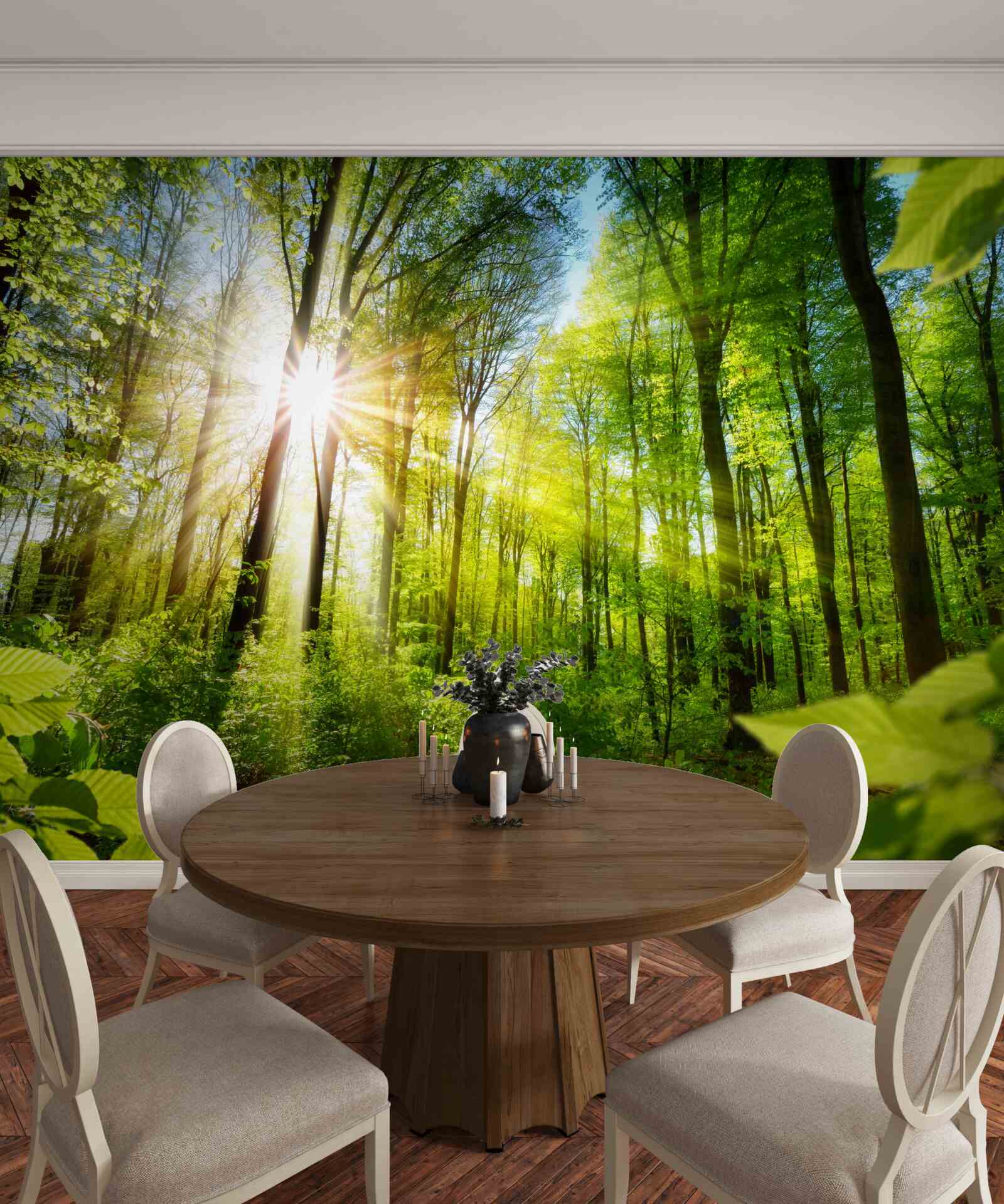 Fototapeten Die Sonnenstrahlen durchdringen durch die Bäume im Wald