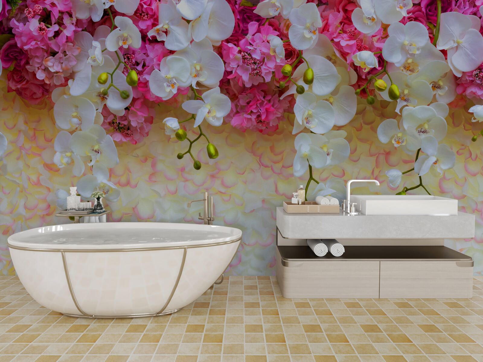 Fototapeten Weiße und rosa Blumen hängen