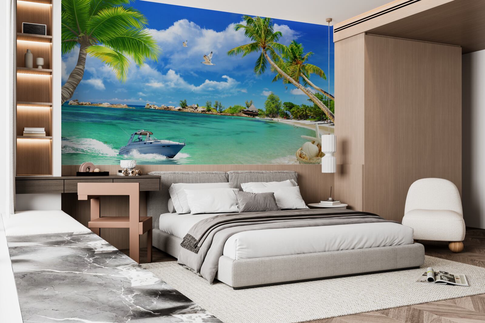 Fototapeten Der Strand auf der Insel akzeptiert die bevorstehende Yacht