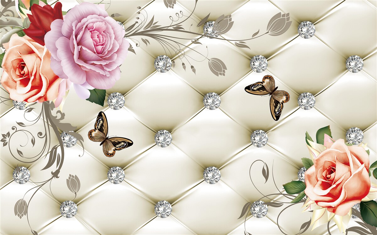 Fototapeten Eine Wand, die mit Rosen und Schmetterlingen auf einem weißen, gesteppten Hintergrund verziert ist