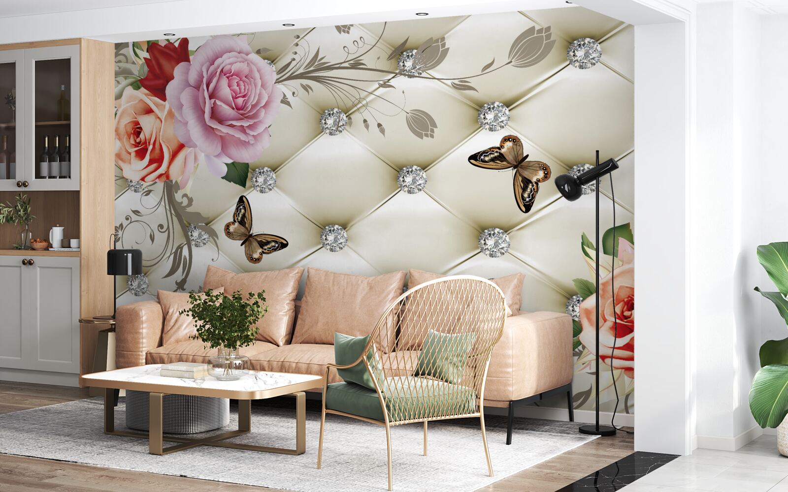 Fototapeten Eine Wand, die mit Rosen und Schmetterlingen auf einem weißen, gesteppten Hintergrund verziert ist