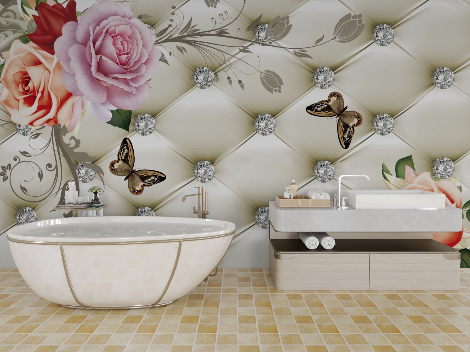 Fototapeten Eine Wand, die mit Rosen und Schmetterlingen auf einem weißen, gesteppten Hintergrund verziert ist
