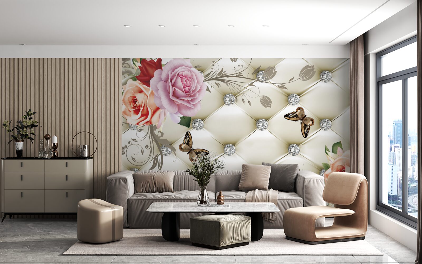 Fototapeten Eine Wand, die mit Rosen und Schmetterlingen auf einem weißen, gesteppten Hintergrund verziert ist
