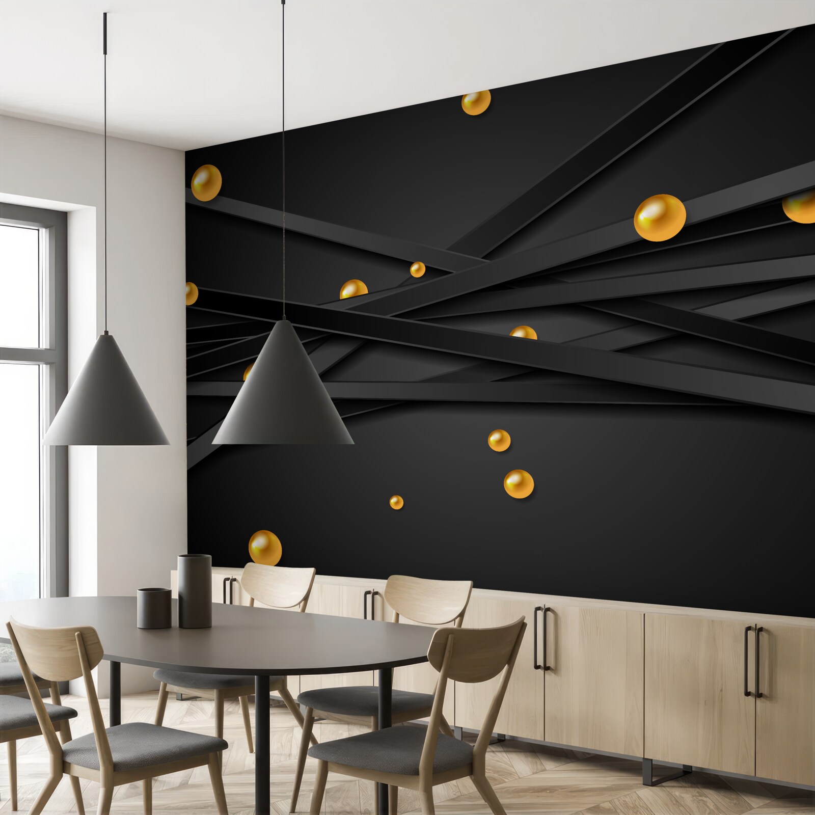 Fototapeten Dünne schwarze Brust und goldene Kugeln