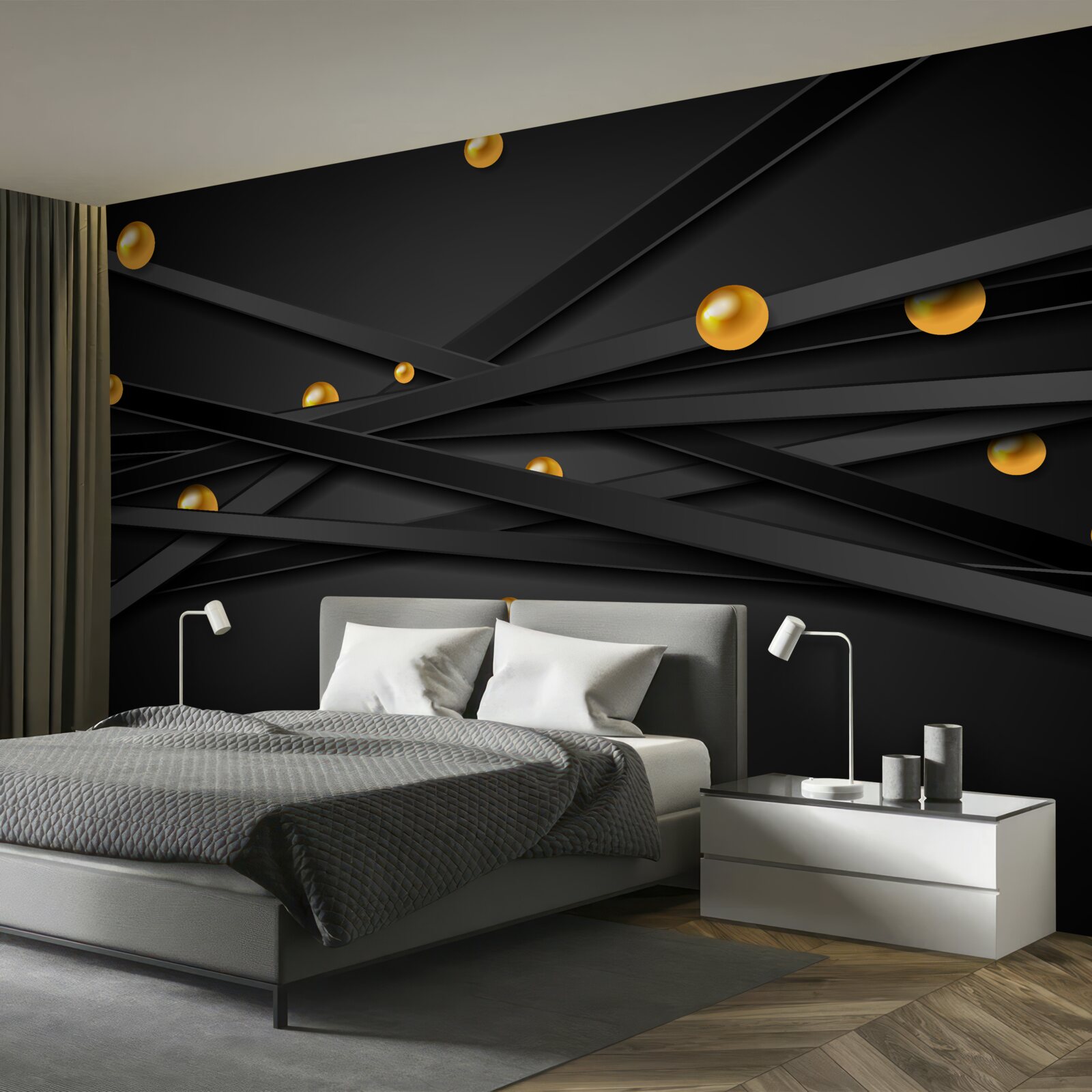 Fototapeten Dünne schwarze Brust und goldene Kugeln