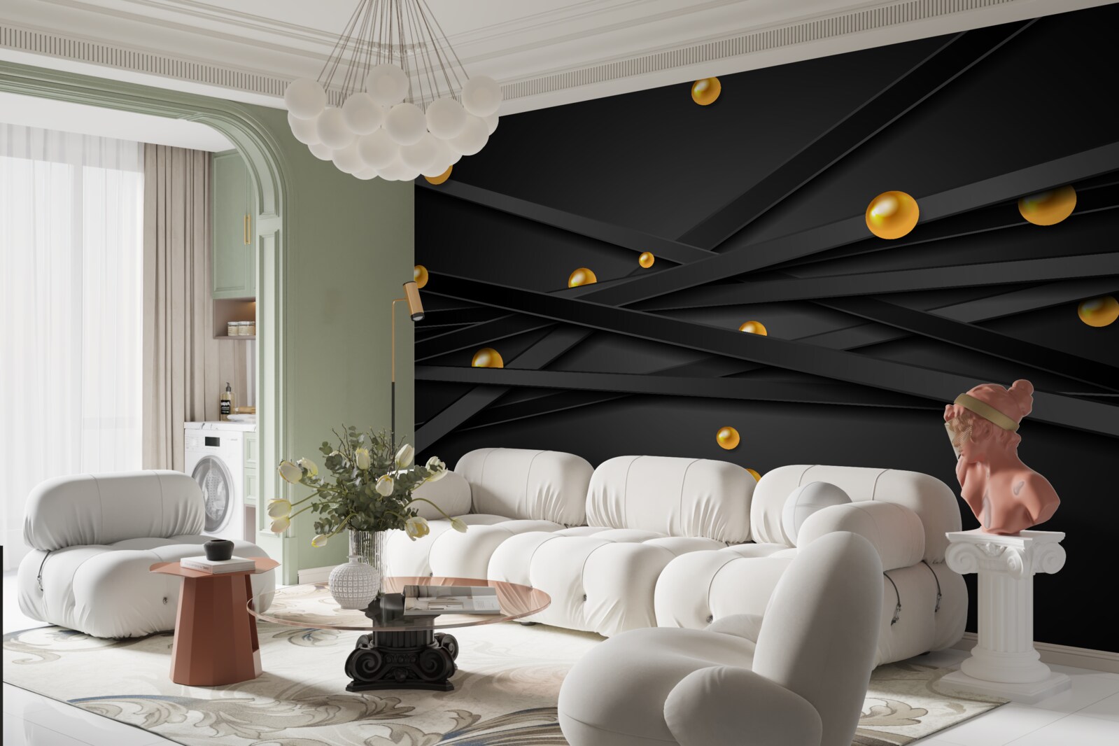 Fototapeten Dünne schwarze Brust und goldene Kugeln