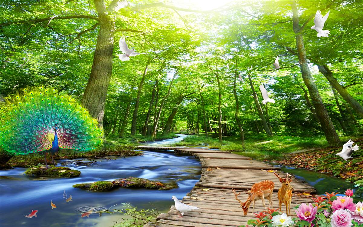 Fototapeten Ein äußerst attraktiver Wald beherbergt Vögel und Tiere