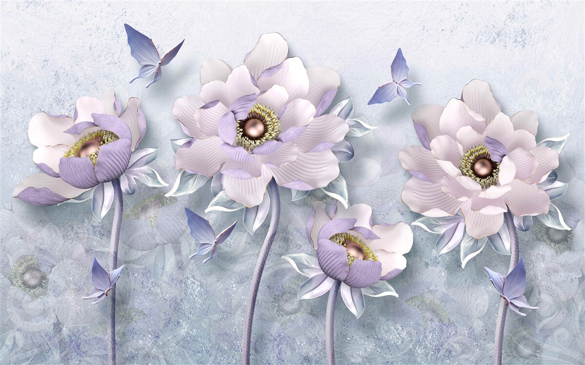 Fototapeten lila Schmetterlinge und Blumen mit außergewöhnlicher Delikatesse