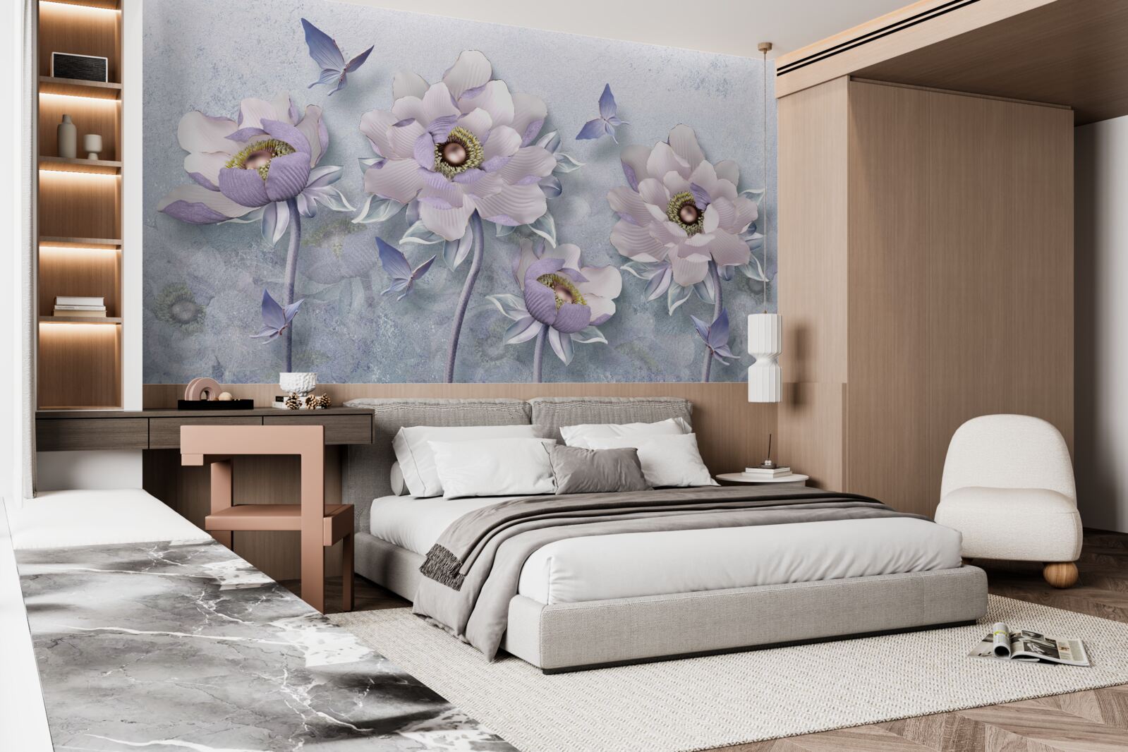 Fototapeten lila Schmetterlinge und Blumen mit außergewöhnlicher Delikatesse