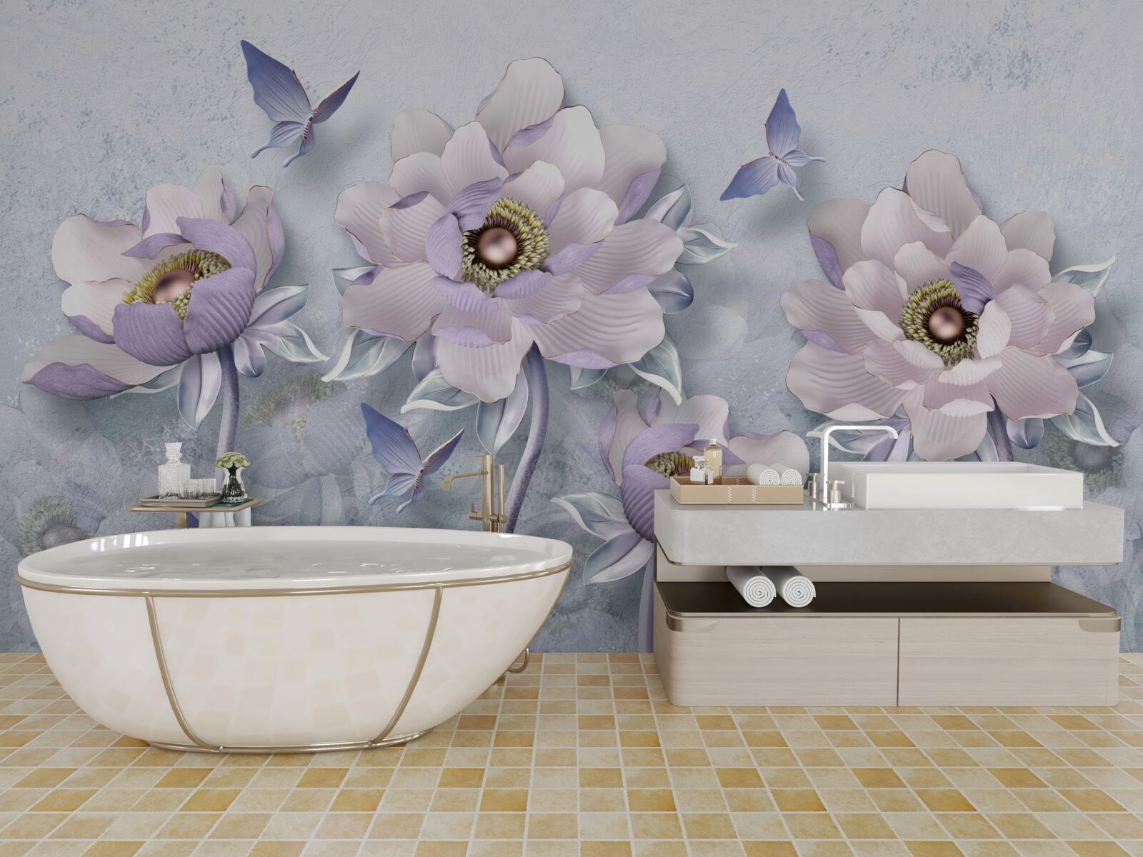 Fototapeten lila Schmetterlinge und Blumen mit außergewöhnlicher Delikatesse