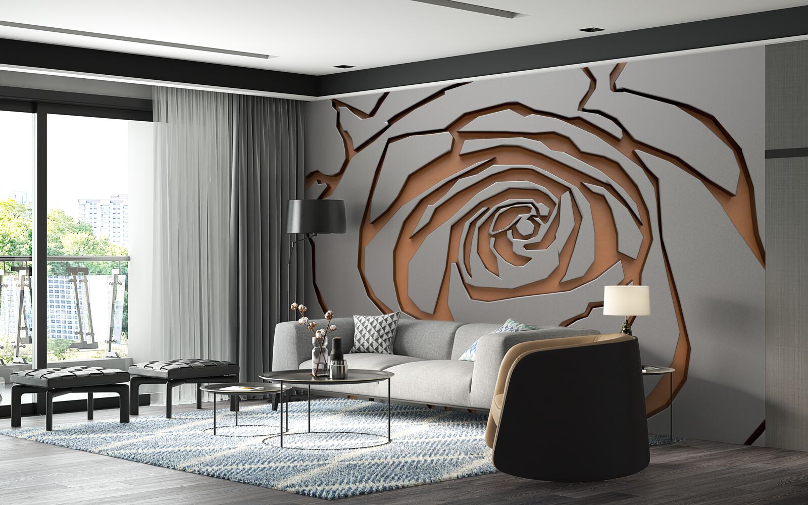 Fototapeten Eine große Rose wird an der Wand beleuchtet