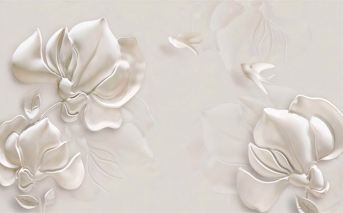 Fototapeten Vögel und Blumen aus weißem Material