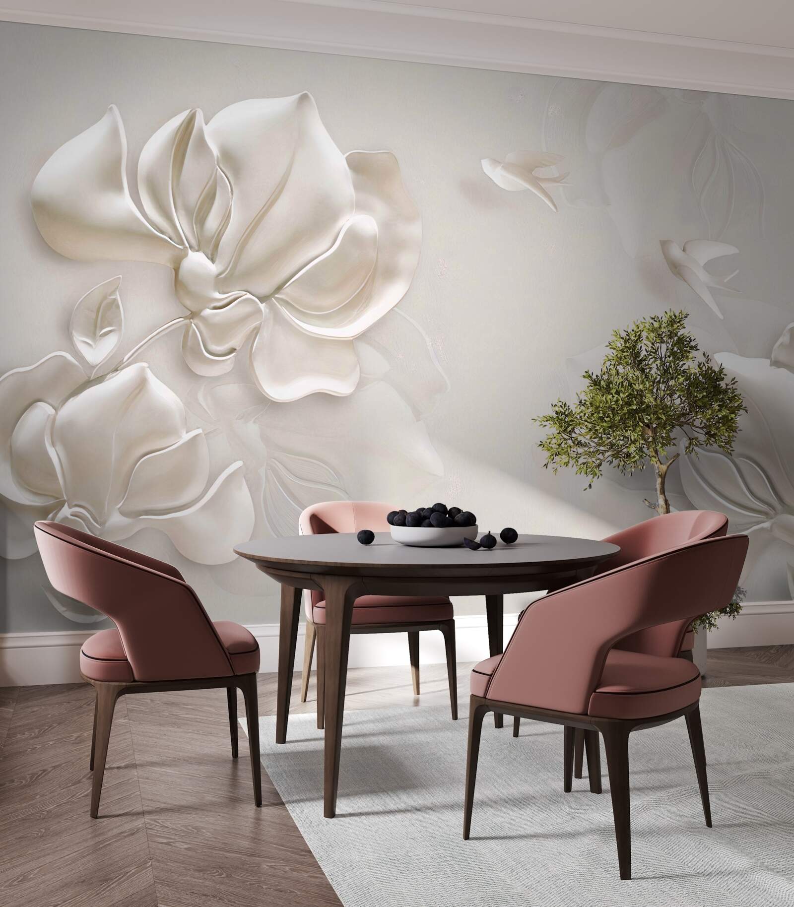 Fototapeten Vögel und Blumen aus weißem Material