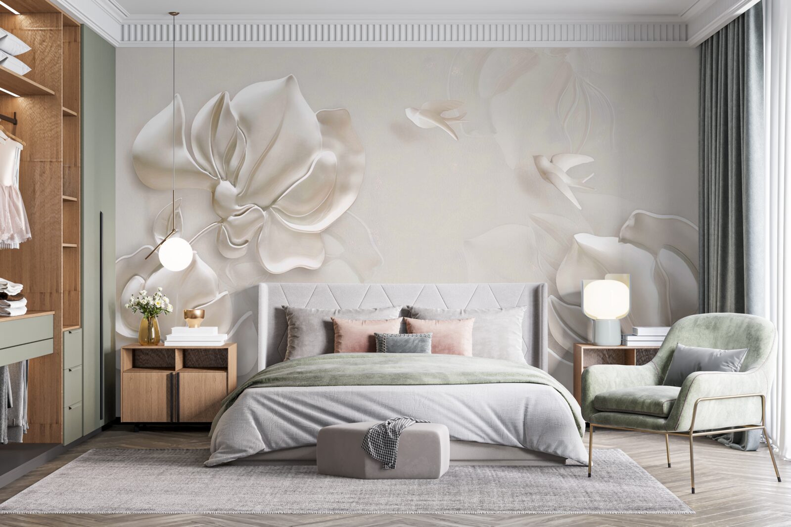Fototapeten Vögel und Blumen aus weißem Material