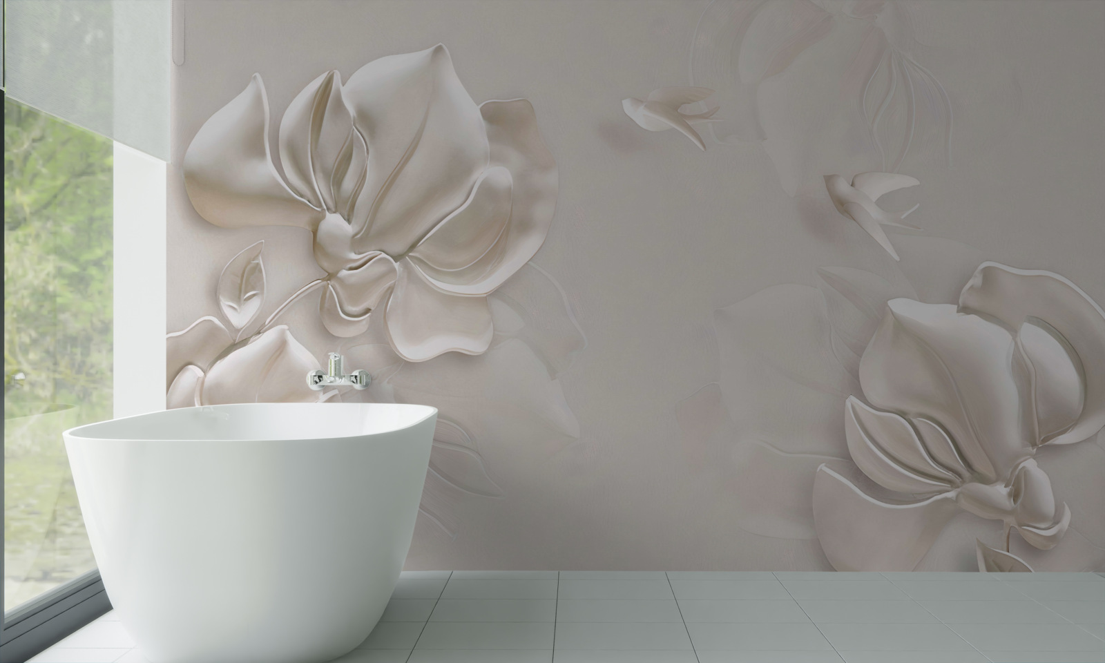 Fototapeten Vögel und Blumen aus weißem Material