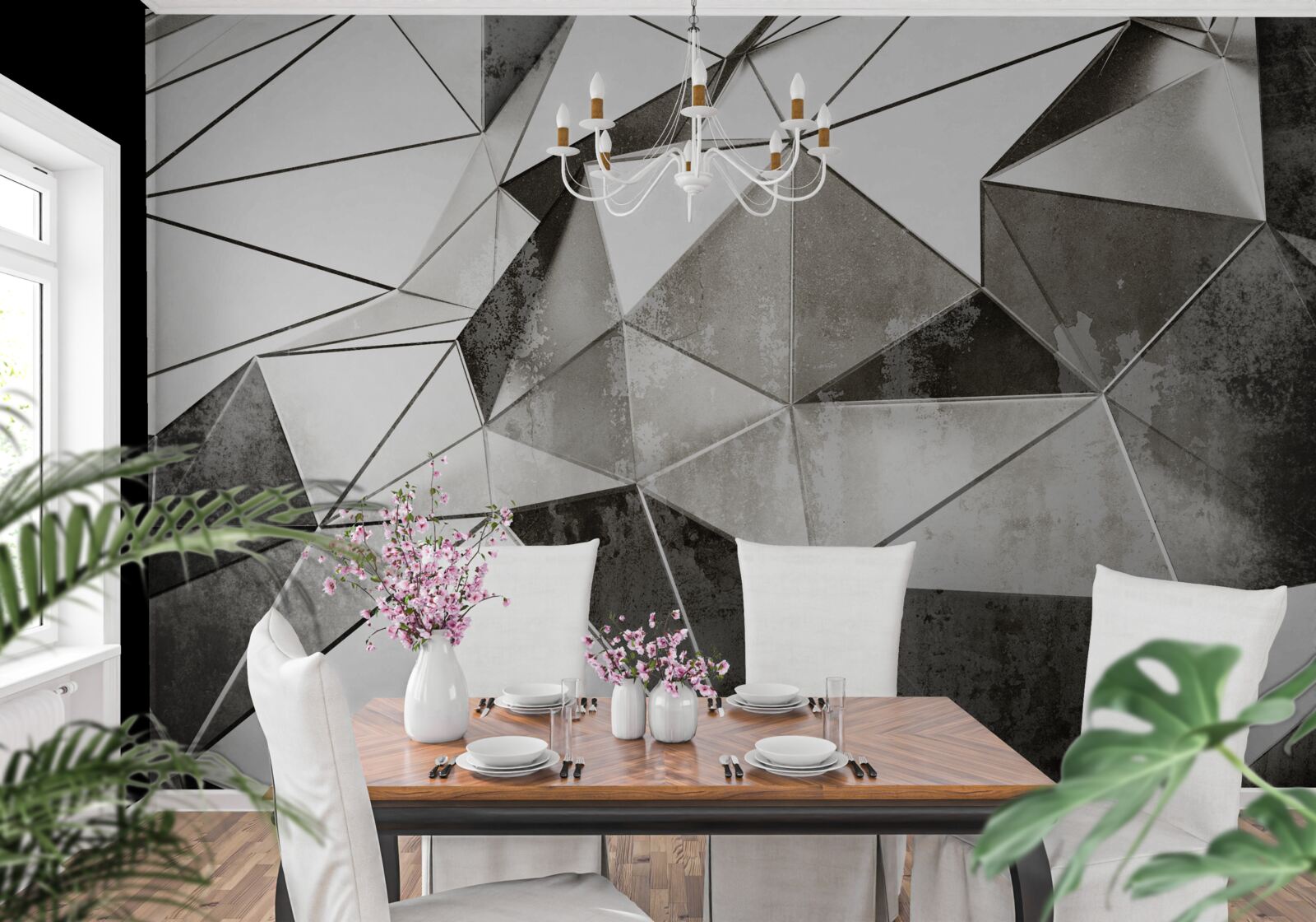 Fototapeten Zusammenfassung Schwarz -Weiß -Hintergrund im geometrischen Stil