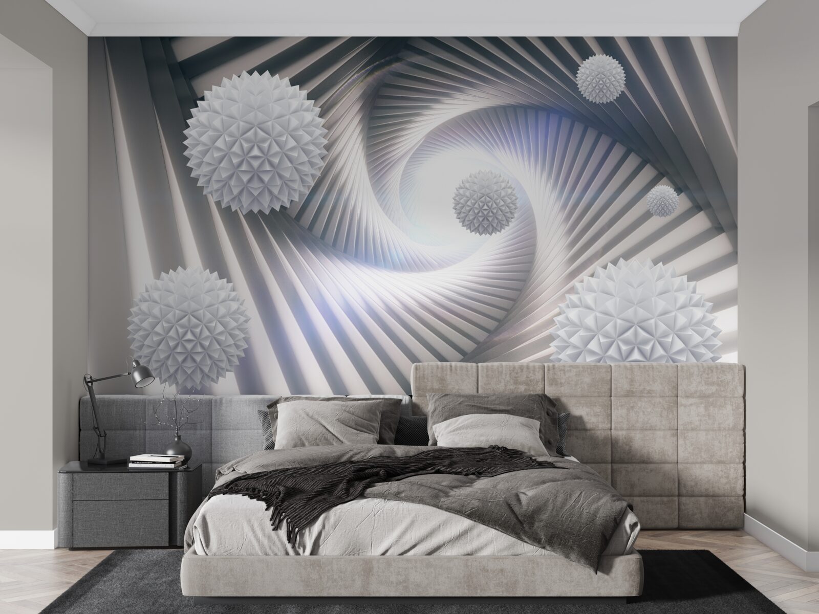 Fototapeten weiße Kugeln und abstrakte Spiralen