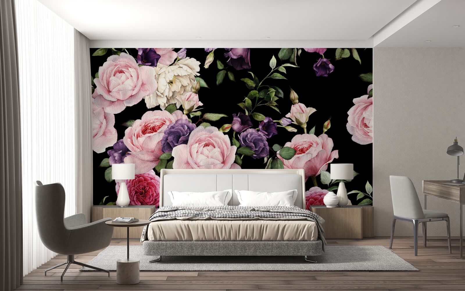 Fototapeten Große Rosen auf schwarzem Hintergrund