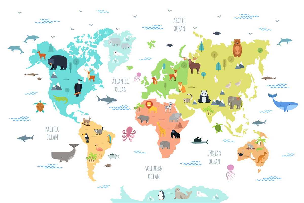 Fototapeten Multi -Colored World Map mit Fauna -Vertretern
