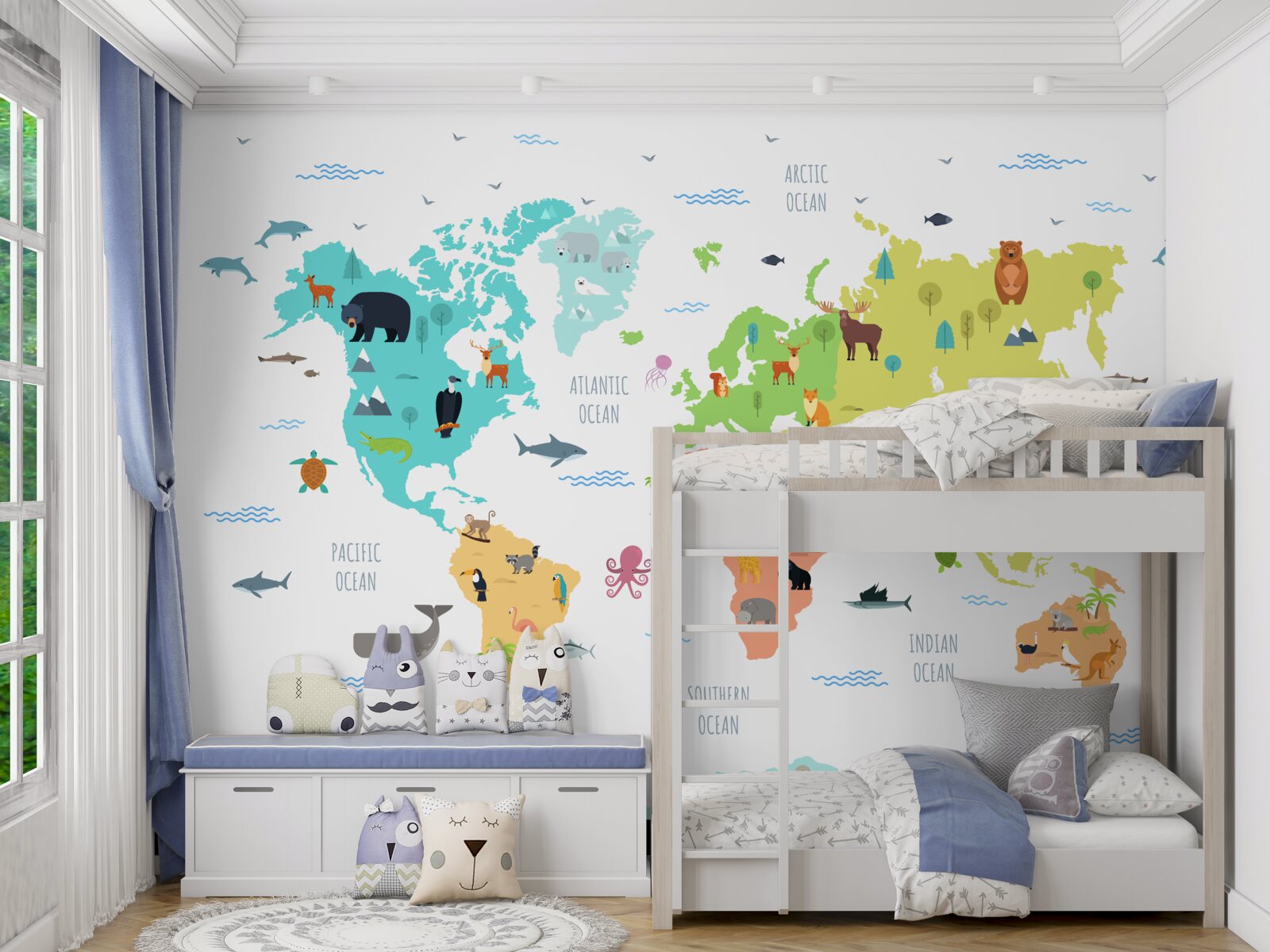 Fototapeten Multi -Colored World Map mit Fauna -Vertretern