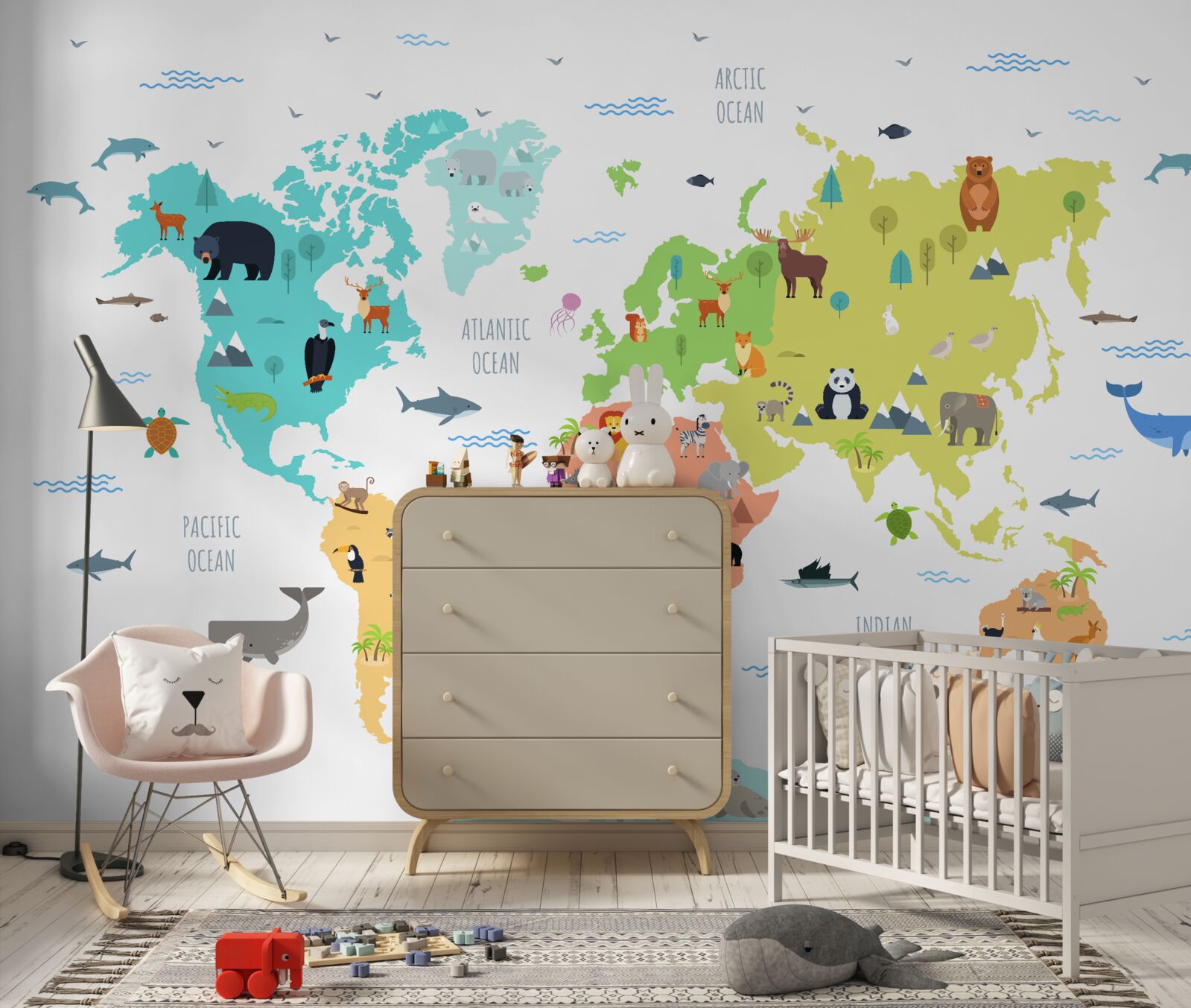 Fototapeten Multi -Colored World Map mit Fauna -Vertretern