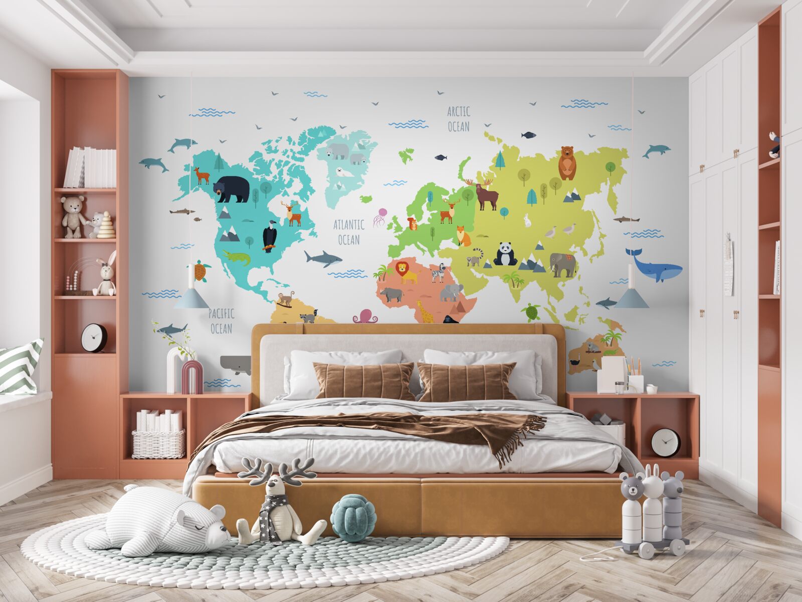 Fototapeten Multi -Colored World Map mit Fauna -Vertretern