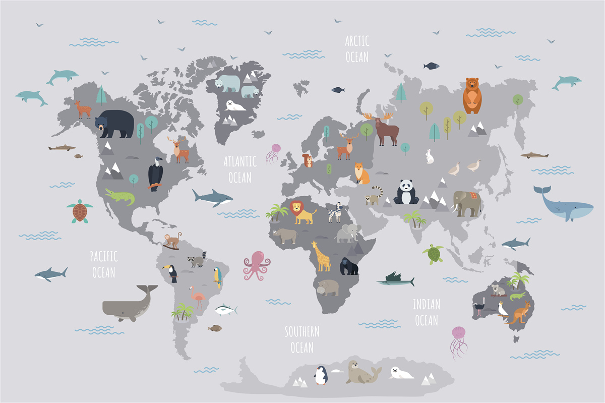 Fototapeten Graue Karte der Welt mit tierischen Bildern