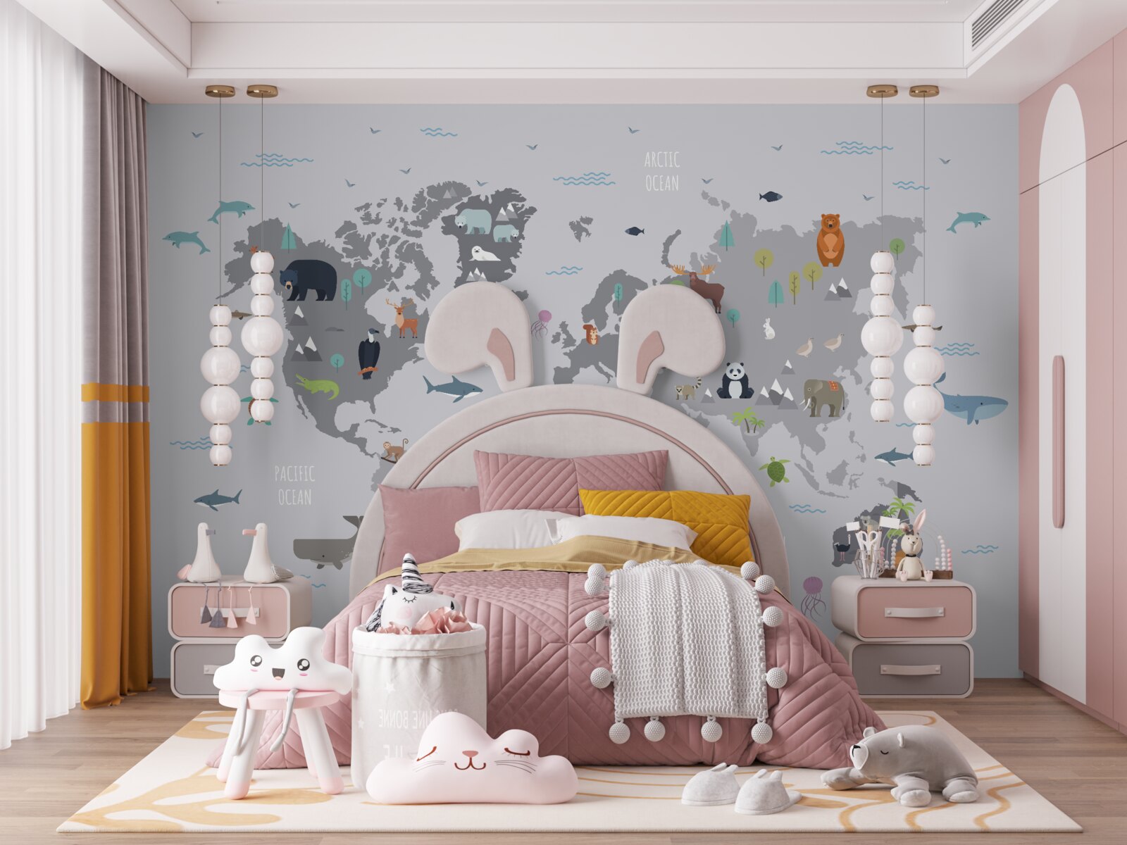 Fototapeten Graue Karte der Welt mit tierischen Bildern