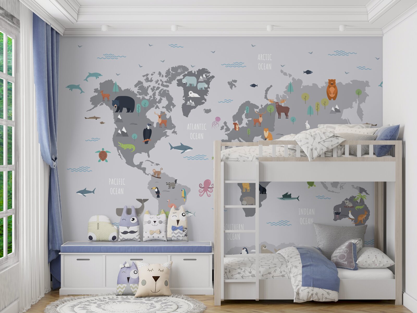 Fototapeten Graue Karte der Welt mit tierischen Bildern
