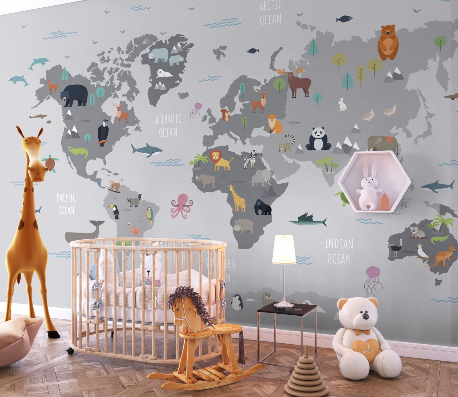 Fototapeten Graue Karte der Welt mit tierischen Bildern
