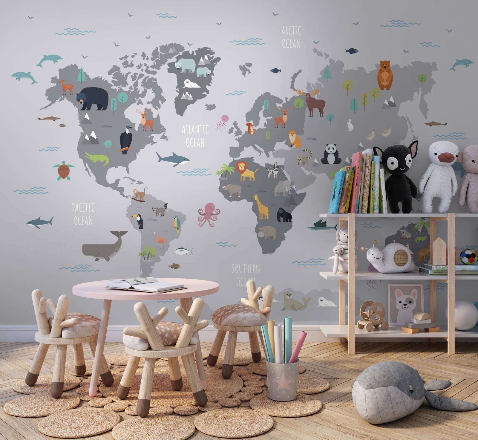 Fototapeten Graue Karte der Welt mit tierischen Bildern