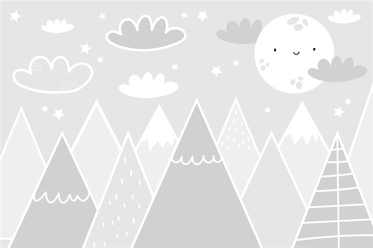Fototapeten Ein heller Mond mit einem Gesicht hängt über den Oberflächen der Berge